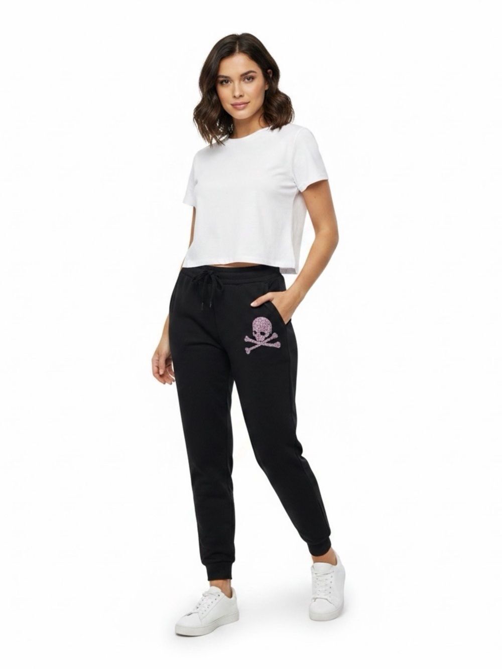 Rhinestone Skull Black Joggers Tapered Pockets L XL NWT
